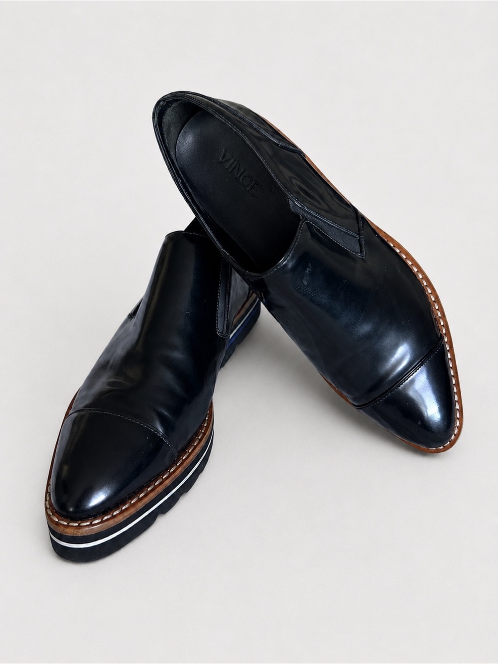Vince Alona Platform Slip On Cap Toe Oxfords Black Leather Lug Sole Womens 8 8.5
